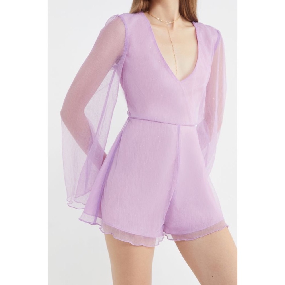 UO Sparkly Plunging Long Sleeve Romper in purple